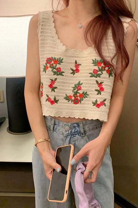 CHEAP SALE!Flower embroidery, crocheted knit, halter tank, short top, basic top,spend over $109 and get it for free!