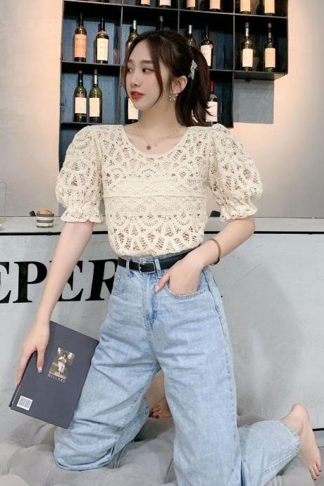 New, heavy hollow, hook flower short, round neck temperament shirt, bubble sleeve knitted ,fashion women's blouse