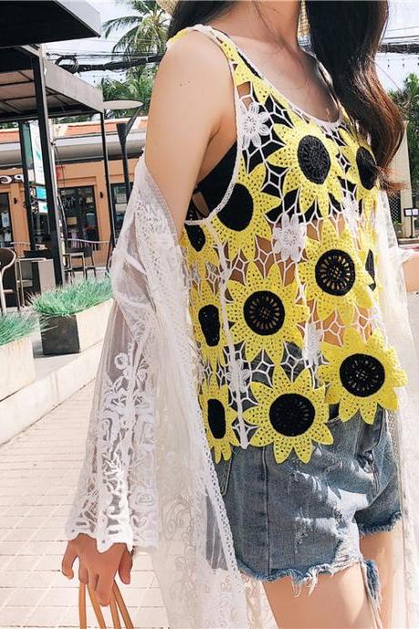 Heavy double color sunflower handmade hook flower, hollow water soluble lace, tank top,unique