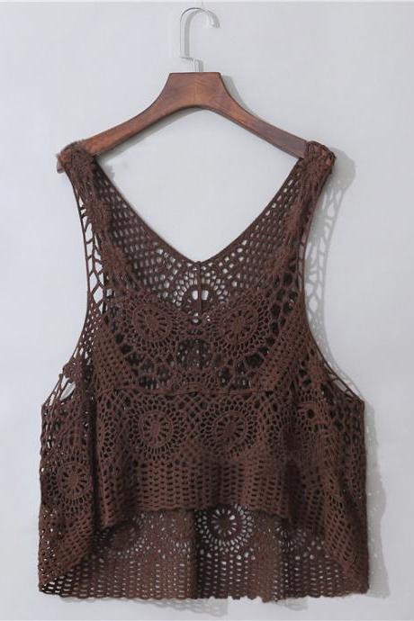 Summer lace, hollow knit tank top, new style, loose sleeveless top.V-neck lace tank top,cheap sale!