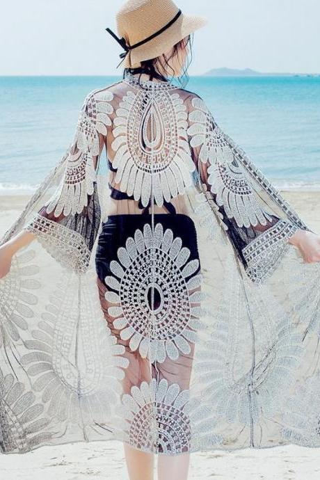 Seaside vacation, lace mesh, suntan clothing, large size sunflower cardigan, beach bikini cover up
