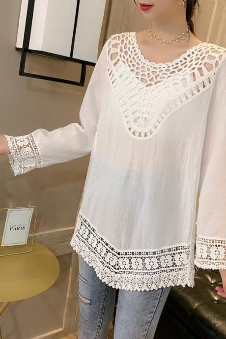 Pure cotton hollow-out blouse, white long-sleeve lace sunscreen top, holiday beach shirt