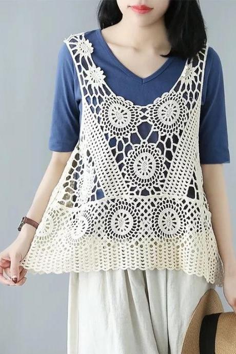 Hollow knit vest, new spring and summer style, medium and long A-line, large size