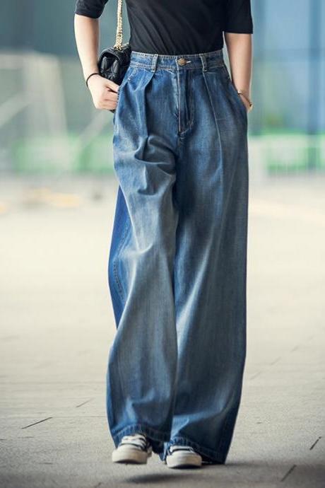 Spring and summer new style, wide leg jeans, high waist drag pants, contrast color straight tube shows leg long, show thin loose everything
