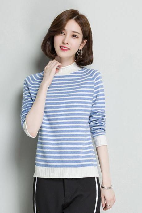 Turtleneck pullover, loose sweater, retro art, stripe, versatile knit top,CHEAP SALE,At A lOSS PRICE