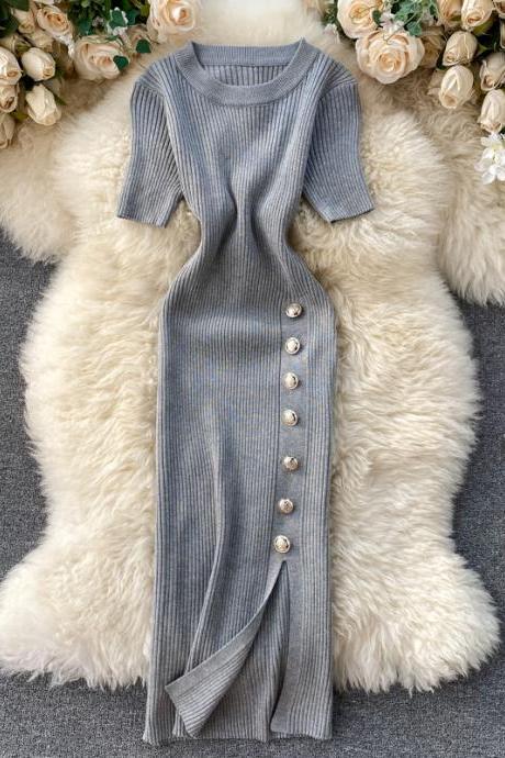 Popular , Simple Solid Color, Breasted Short Sleeve Knit Slit, Hip Wrap Dress