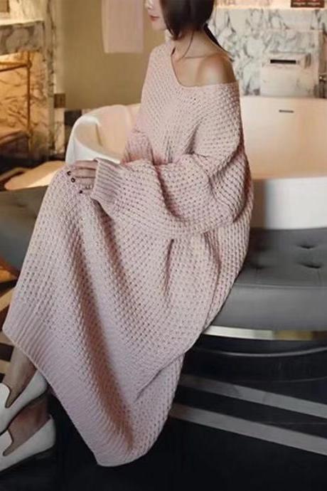Knee-length, V-neck lazy sweater dress, loose large size, hollowed-out hair sweater fashion