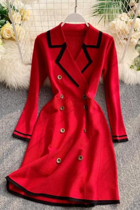 Vintage spring and autumn outfit, contrasting color suit collar, temperament double breasted, waist tight show thin knit dress