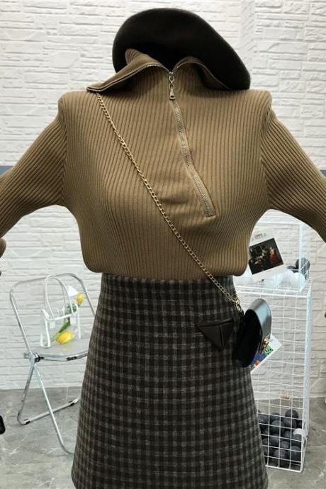 Spring and autumn new style, sweater turtleneck, stitching, oblique zipper knitted bottom shirt