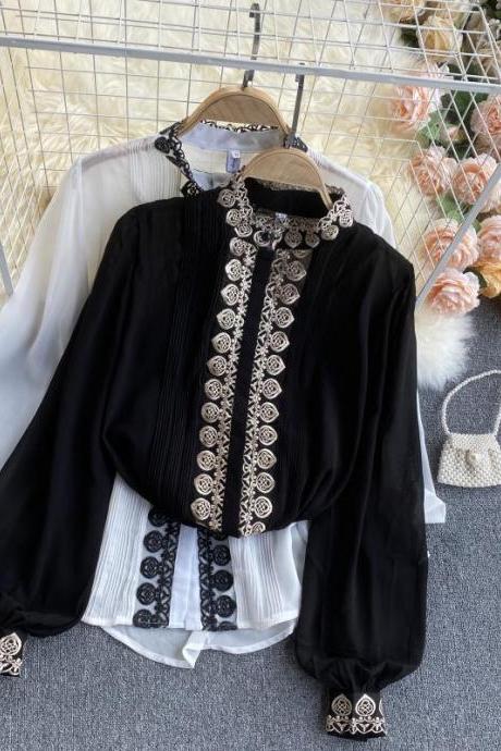 Court Style Blouse, Spring Dress Blouse, Retro, Heavy Embroidery, All-match Chiffon Blouse