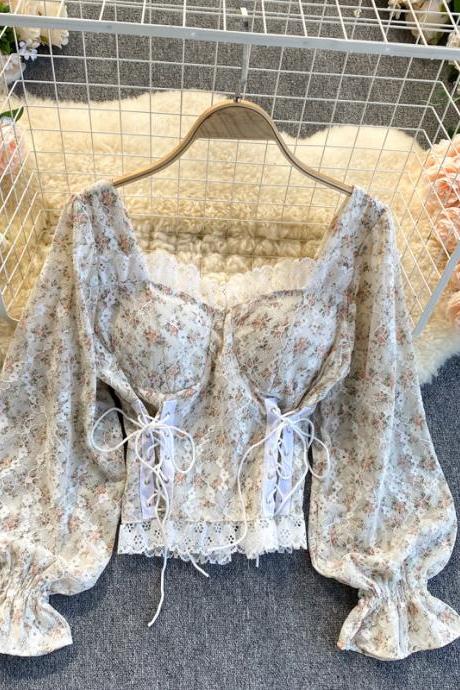 Sweet lace, square collar design sense, tie up waist, show thin short jacket for women's spring wear