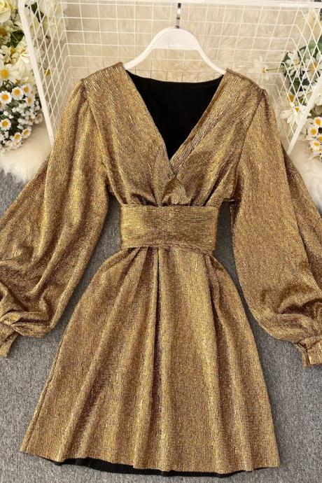 V-neck, lantern sleeves, gold bright silk, belted waist, retro bottom dress