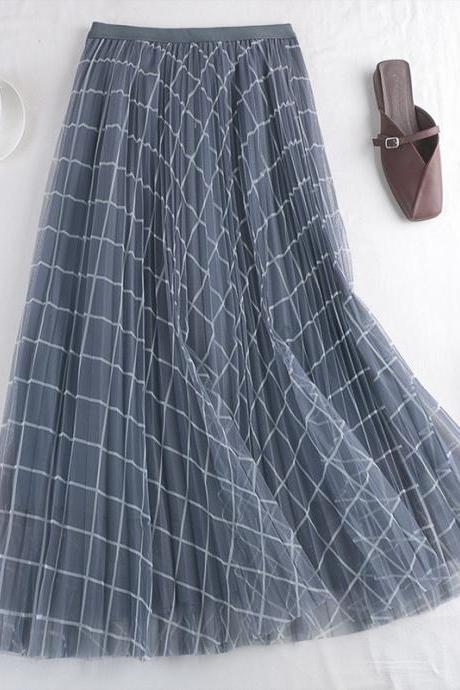 New early spring style, mesh skirt, plaid print pleated skirt, plaid medium length skirt, A-line skirt