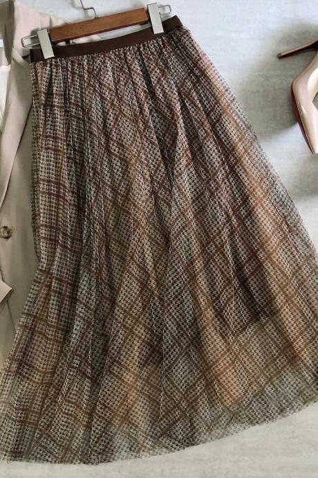 New plaid print net gauze skirt, thousand bird shape skirt, high waist pleated skirt, medium and long gauze skirt