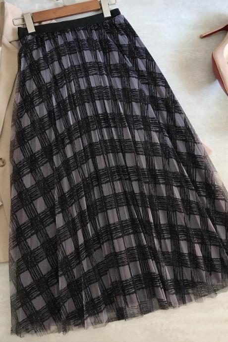 New gauze skirt, plaid print high waist skirt, long pleated skirt, plaid A-line skirt