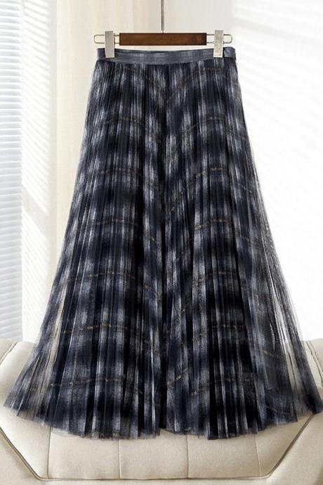 New plaid print net gauze skirt, thousand bird shape skirt, high waist pleated skirt, medium and long gauze skirt