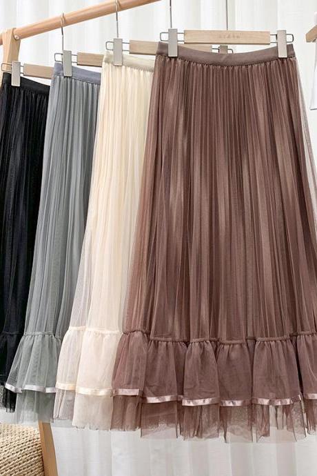 Spring and summer new skirt, flounces ribbon gauze skirt, high waist double mesh, large hem pleated skirt A-line skirt