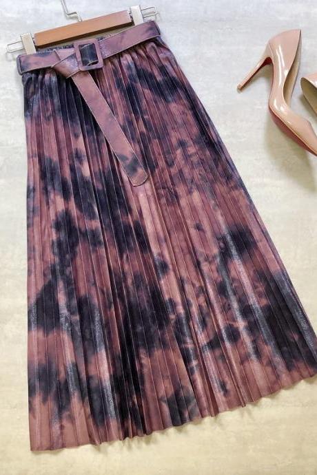 Hot skirt, tie-dyed splashed ink, printed belt, long pleated skirt in the stars