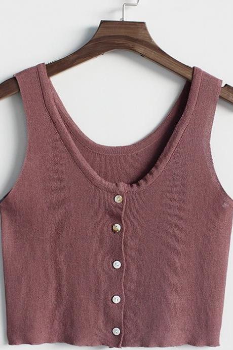 Short summer style, versatile, solid color, knit straps, sleeveless button-down casual tank top,CHEAP ON SALE