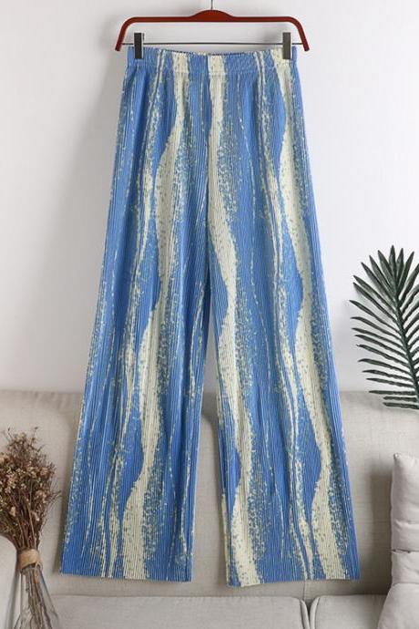 Summer, pleated long, tie-dyed print, pleated wide-leg pants, painted straight, elasticated waist, casual floor-length pants