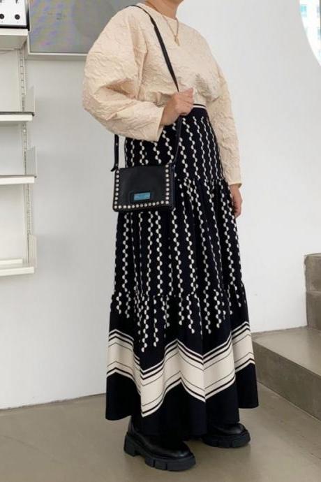 New skirt, stitching retro polka-dot print skirt, wavy pattern high waist long cake skirt