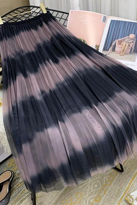 New gauze skirt, clash color stripes pleated skirt, midi vertical skirt with gradient color