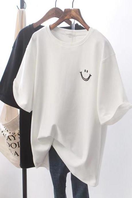 Short-sleeve T-shirt With Smiley Face Pattern, Ins Trend, Summer Style, Loose Original Style Casual Top，