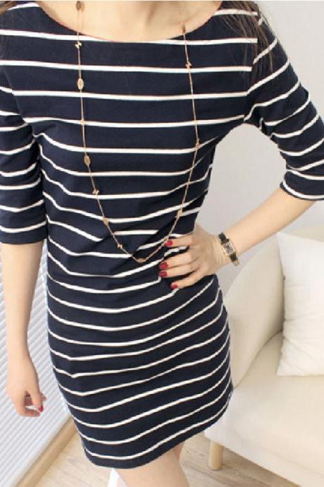 Summer dress, midi dress with half sleeve, short sleeve striped T-shirt and base dress for women，CHEAP ON SALE