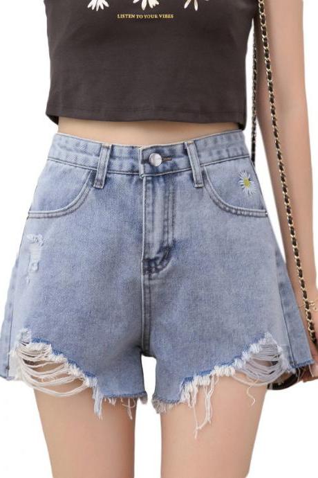 Daisy Embroidery, High Waist Denim Shorts, Summer Style, Women's Wear, Loose Ragged Hot Pants