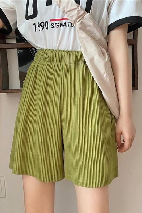 Loose Slacks With High Waists That Show Slimming. Summer Style, Pleated, Solid, Wide-leg Shorts