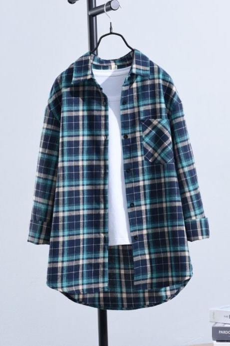 Cotton Plaid Fashion Shirt, Spring And Autumn Style, Loose Long-sleeved Shirt, Student Coat