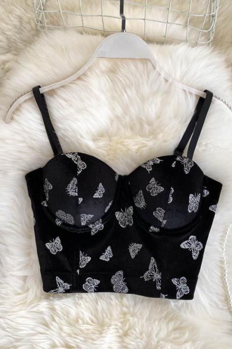 Vintage new style, spaghetti strap top, V-neck butterfly print, sexy crop top