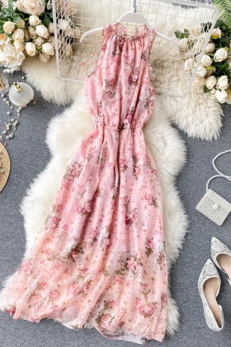 Chic sweet flower beach dress, INS, sexy hanging neck, chiffon dress