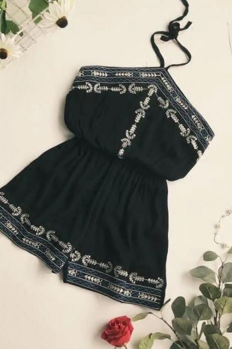 Folk style triangle embroidery, neck embroidery broad-leg dress, one-piece romper, beach dress holiday