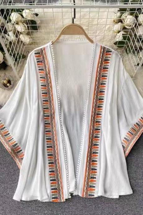 Bohemian, Exotic, Heavy Embroidered, Loose Plus Size, Short Sleeve Casual Cardigan, Holiday Top