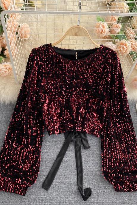 Socialite temperament, spring and autumn, hollow out backless, short paragraph sequined blouse
