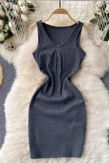 Spring Dress, Design Sense Of Zipper, V-neck Bodycon Dress, Short Sleeveless Dress