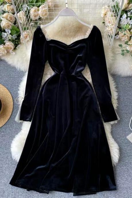 Palace Style Dress, Vintage Velvet Prom Dress, Long Sleeve Dress