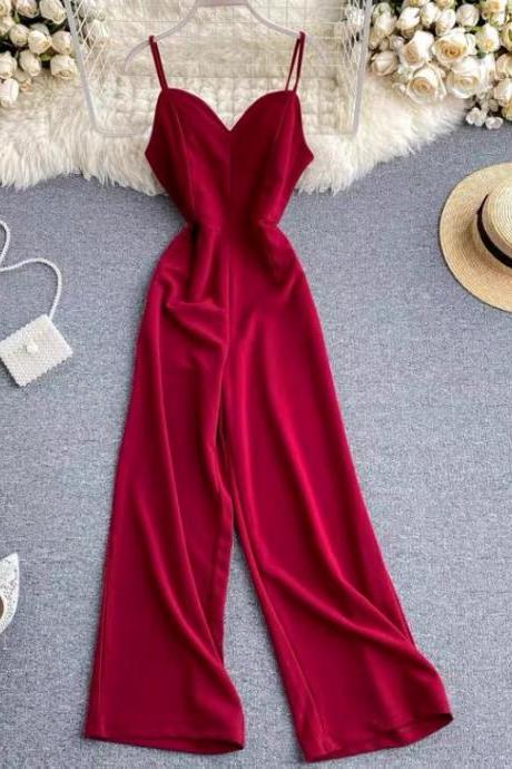 Fashion jumpsuit, new spring fashion, sexy, V-neck suspenders, high waist wide leg pants