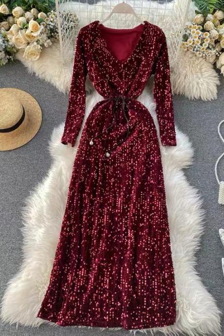 Shiny Sequin Gown, V-neck Long Sleeve Sexy Dress