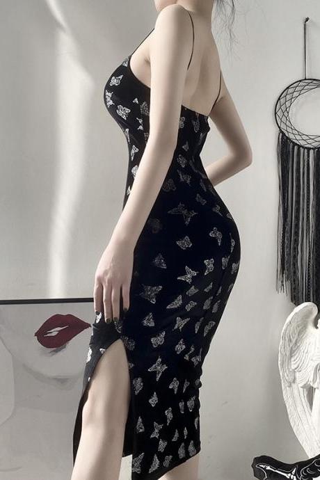 Dark sexy, butterfly split little black dress, gothic suede, INS halter dress