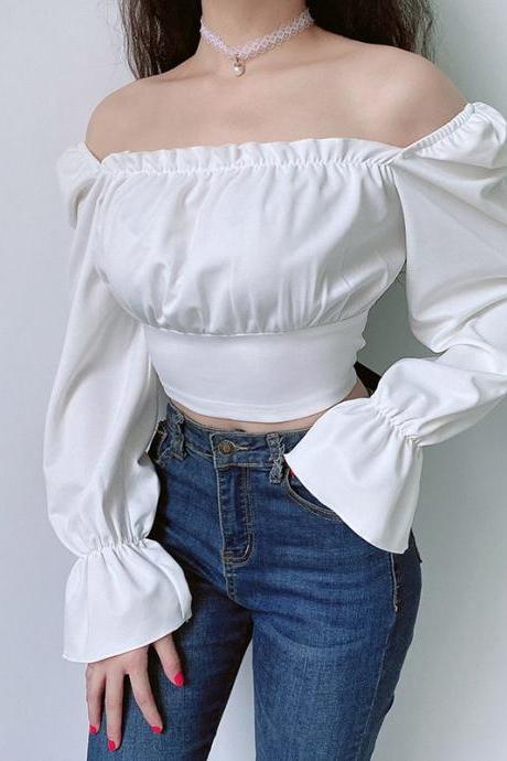 Square-collar Bubble Long Sleeve Crop Top, Back Strap, Short T-shirt, Multiple Wear Magic Top, Front And Back Can Be Worn