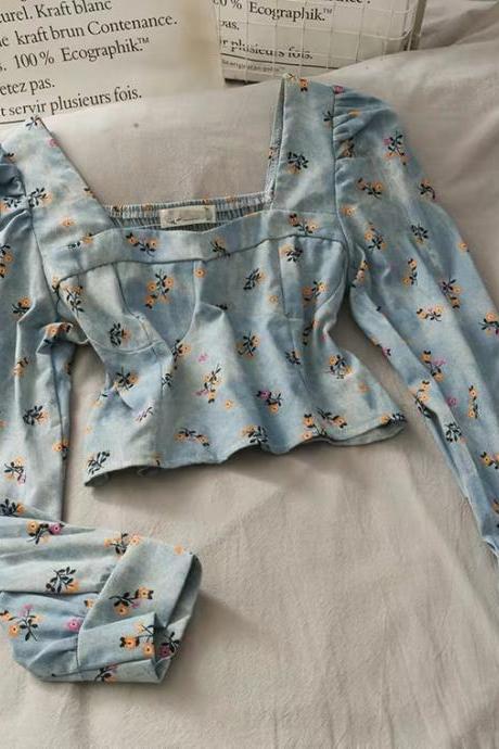 Spring style, vintage printed, square neck, short collarbone denim top, long sleeve small floral shirt