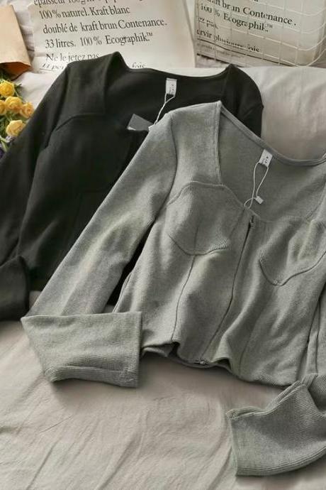 Short style zipper cardigan, T - shirt, spring and autumn tight sleeve, square collar crop top