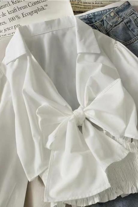 white blouse, crop shirt, big bowknot, pleated top