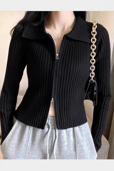 Pit strip zipper knit cardigan, spring and autumn tight black top, versatile short style, lapel long sleeve crop lapel long sleeve sweater