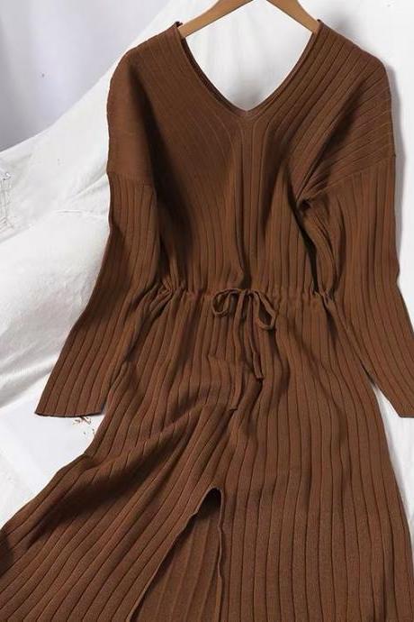 Spring And Autumn, Trench Dress, V-neck, Solid Color, Slit Long Sleeve Knitted Dress