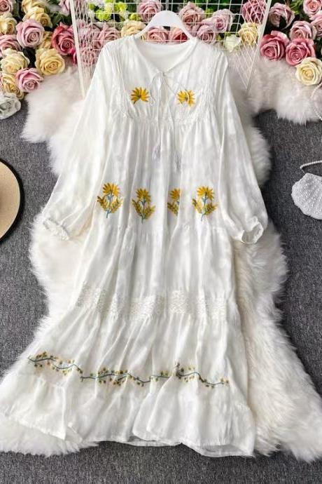 Bohemian, Floral Embroidered Dress, Romantic White, Square Collar Big Skirt, Holiday Ethnic Style Long Dress