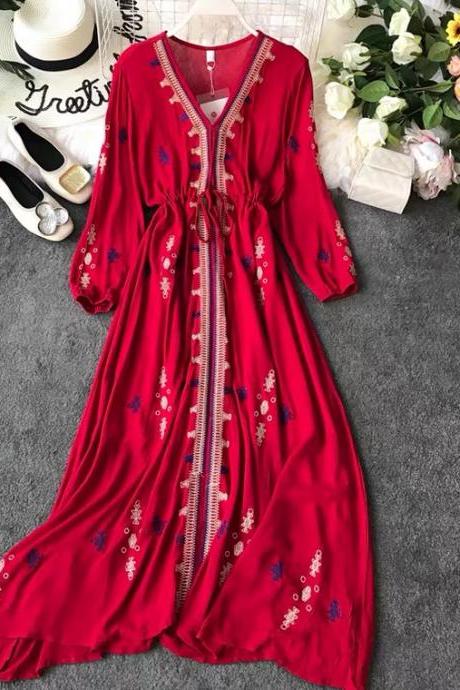 Bohemian, Ethnic Style, Cotton And Linen Dress, Embroidered Red Big Size Dress, Tourist Holiday Beach Dress