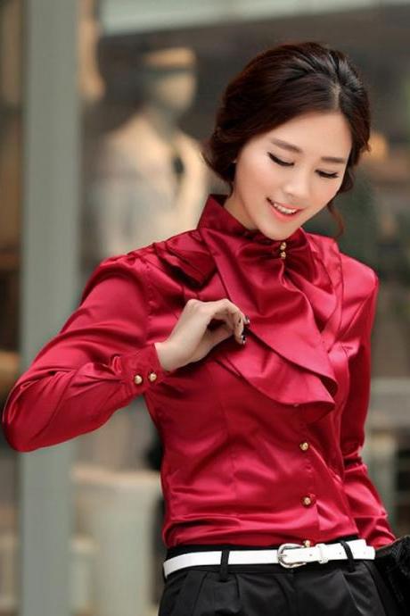 Professional OL, sweet casual blouse, ladies stand collar with flounces, long sleeve base shirt,office
